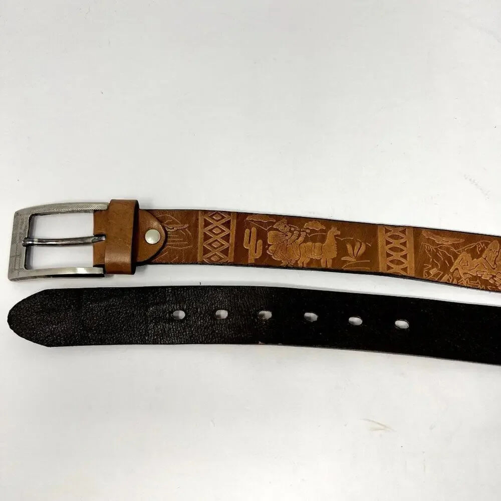 Vintage Grunts Peru Leather Belt Cuzco Tooled Carved Llama Western 40/100